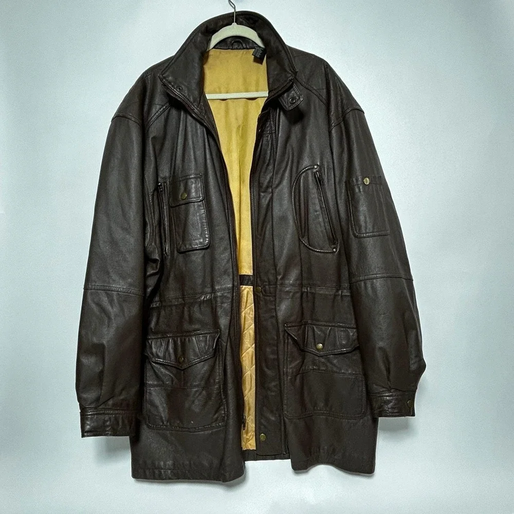 VTG Spiegel Leather Safari Photographer Utility Jacket Brown Chore Mens XLT Tall